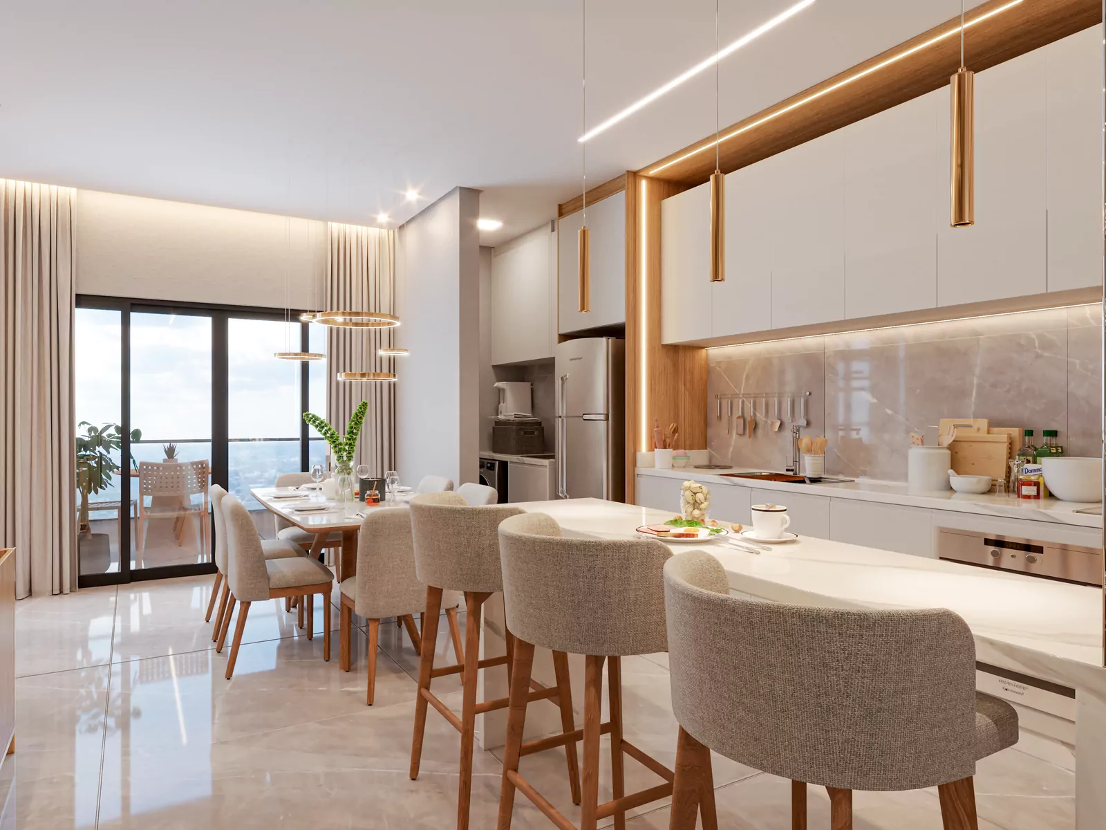 Cocina integrada al living con isla y barra